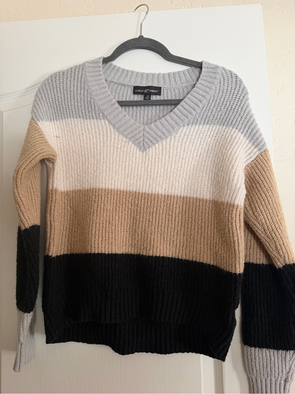 a new day Striped V-Neck Sweater in Cream, Tan & Navy